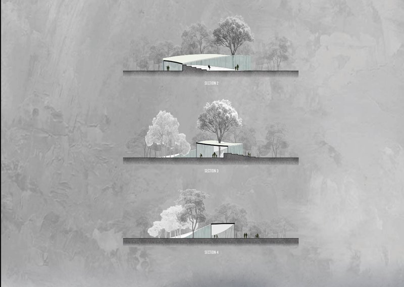 Sectional drawings highlight the seamless integration of architecture with trees and terrain.