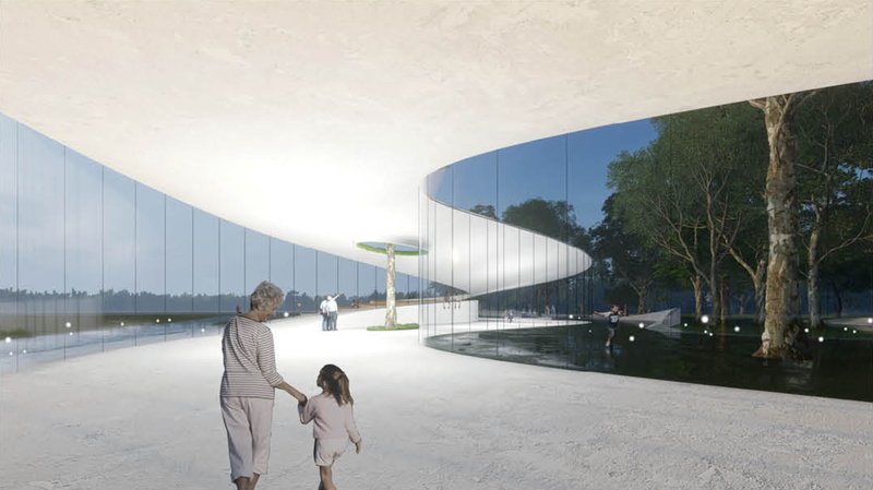 A glowing canopy reflects on still water, guiding visitors through a serene, biophilic evening atmosphere.