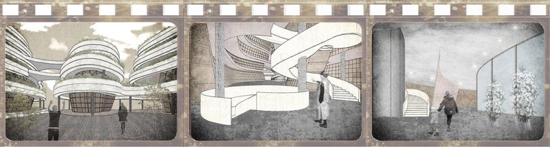 Visitors spiral downward through flowing forms, transitioning from life into remembrance.