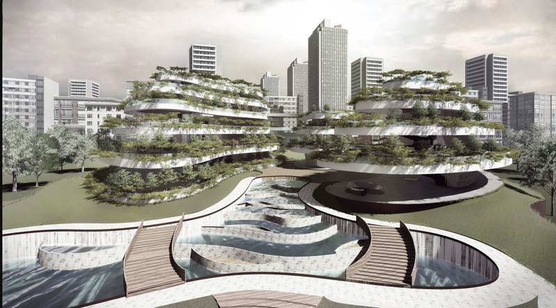 A series of terraces and flowing water features symbolize life’s continuity in a memorial landscape.