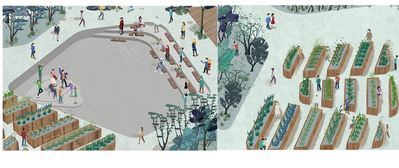 Spaces for performance, rest, and raised garden beds promote active, inclusive engagement.