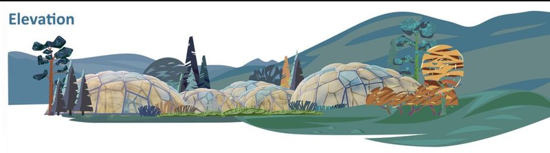 Dome-shaped greenhouses blend with the landscape, offering year-round biophilic environments.