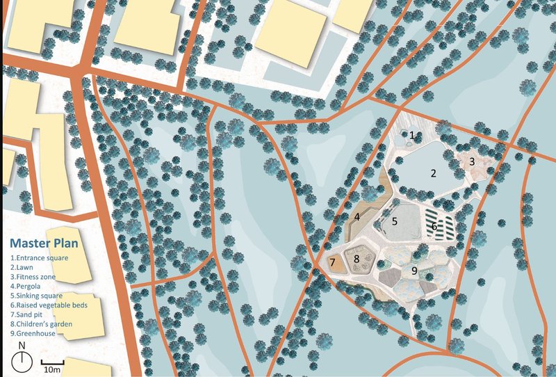 Comprehensive site map showing all key zones including entrance, fitness area, garden beds, and greenhouses.