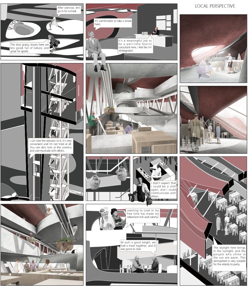 Illustrated moments of intergenerational connection in a senior living architecture concept centered around food and shared experiences.