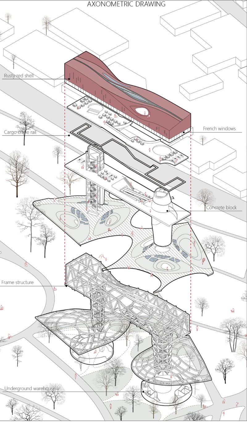 Exploded axonometric view reveals the layered design strategy, integrating structural innovation with senior-friendly accessibility.