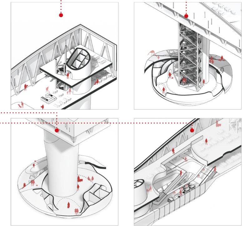 Zoomed-in diagrams of critical spaces — from kitchens to elevators — emphasize inclusive design for elderly engagement and autonomy.
