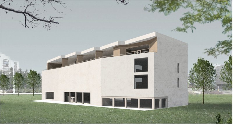 Minimalist façade showcasing the clean geometry and serene materiality of the Ligben Library.