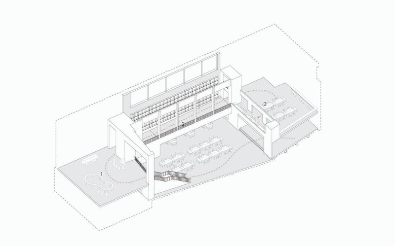 Exploded view revealing the spatial relationship between public, private, and interactive study zones.