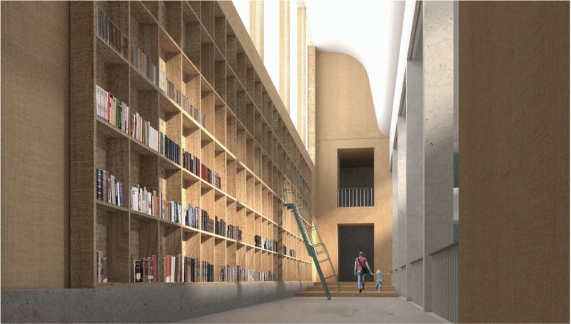 Double height reading corridor with immersive vertical shelving and warm natural lighting.