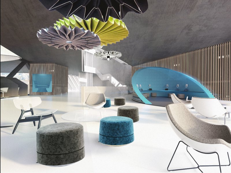 Contemporary interiors blend soft seating, sculptural lighting, and VR stations for a dynamic library experience.