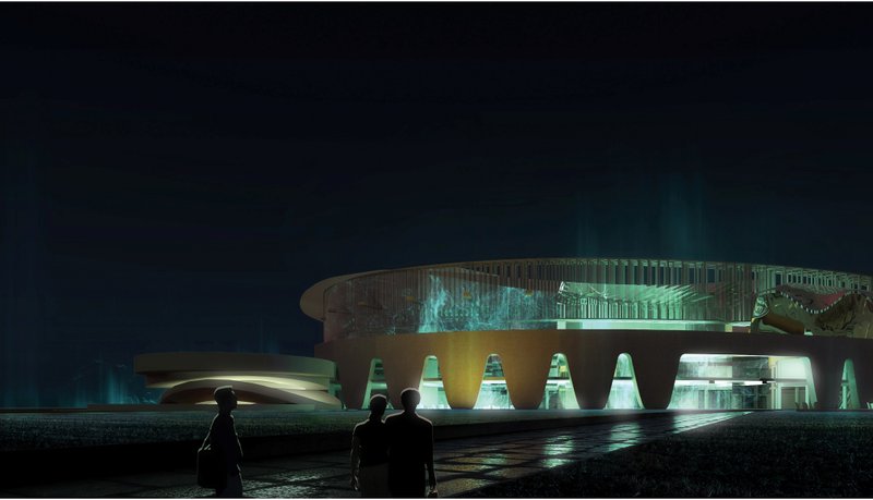 The glowing library at dusk, emphasizing transparency and public access.