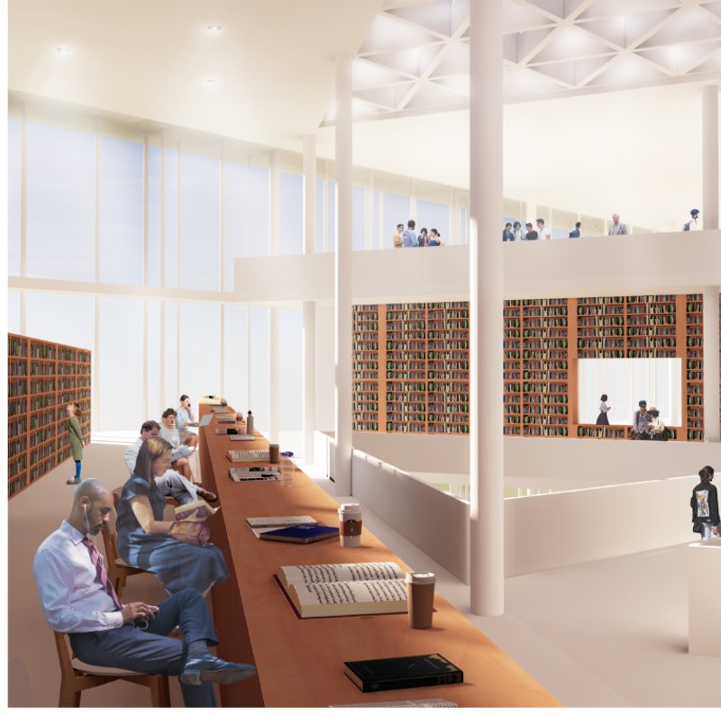 A warm, light-filled space fosters focused study and quiet reflection beneath a soaring ceiling.