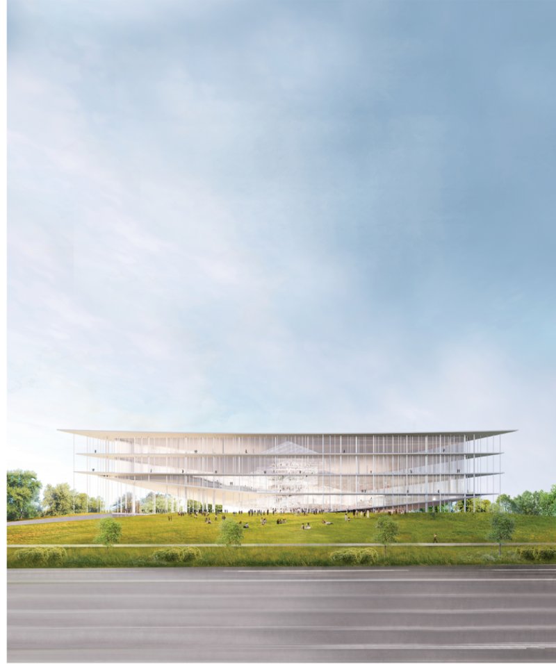 A striking triangular form emerges from the earth, inviting community engagement with nature and knowledge.