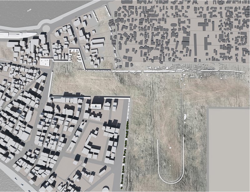 Aerial layout integrating ancient heritage with contemporary city fabric.