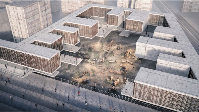 Hybrid cultural hub preserving archaeological remains within modern blocks.