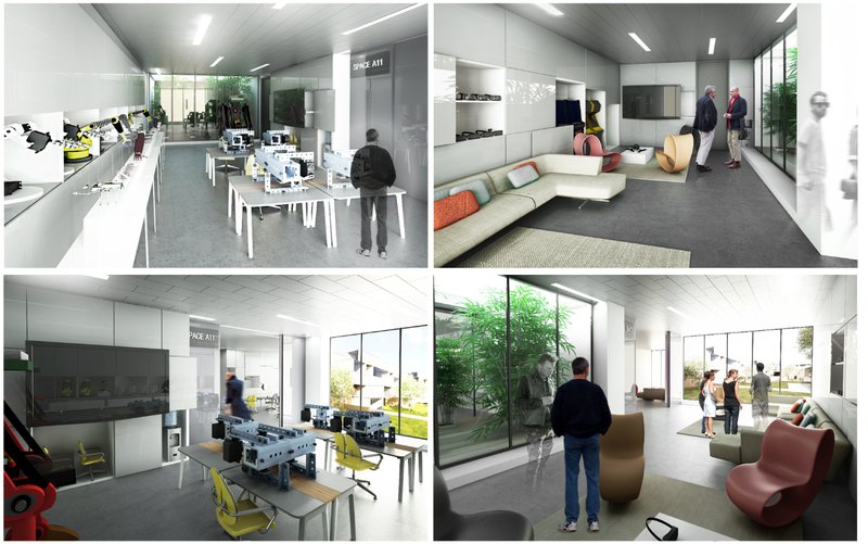 Adaptive modular interiors designed for flexible work and interaction.