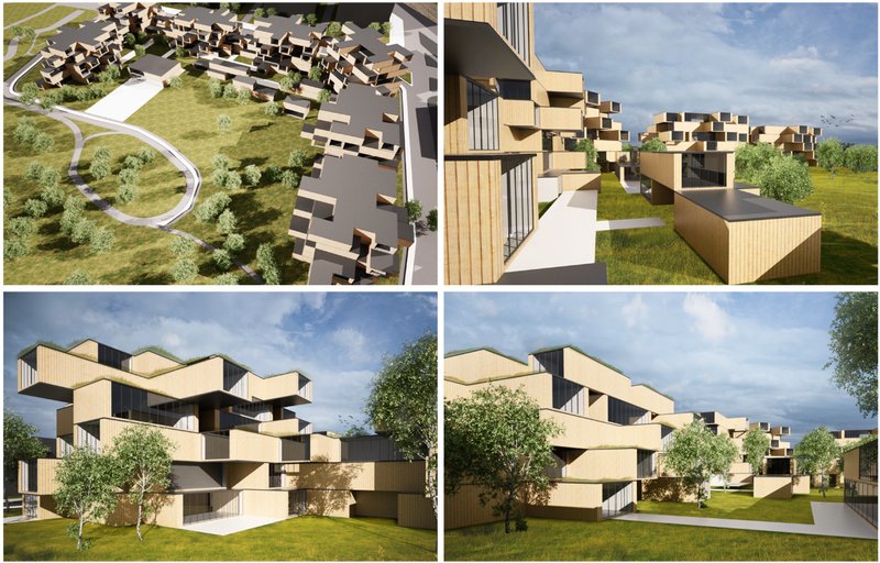 Clustered modular buildings integrated with green landscapes.
