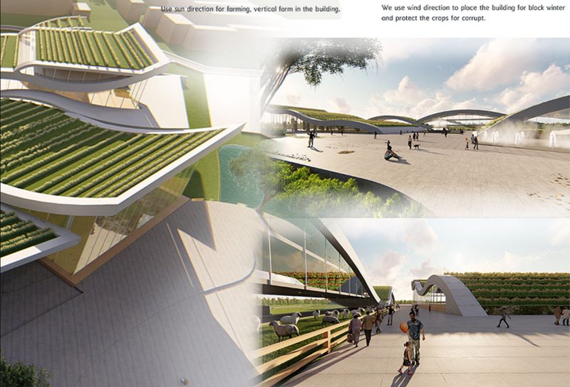 Buildings with curved rooftops double as vertical farms, community spaces, and livestock areas.
