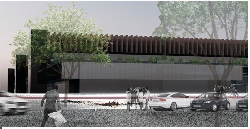 Exterior view of the Urban Meal Mine blending with the urban streetscape and pedestrian activity.