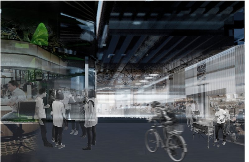 Dynamic indoor space combining markets, classrooms, and public interactions under a sustainable design.