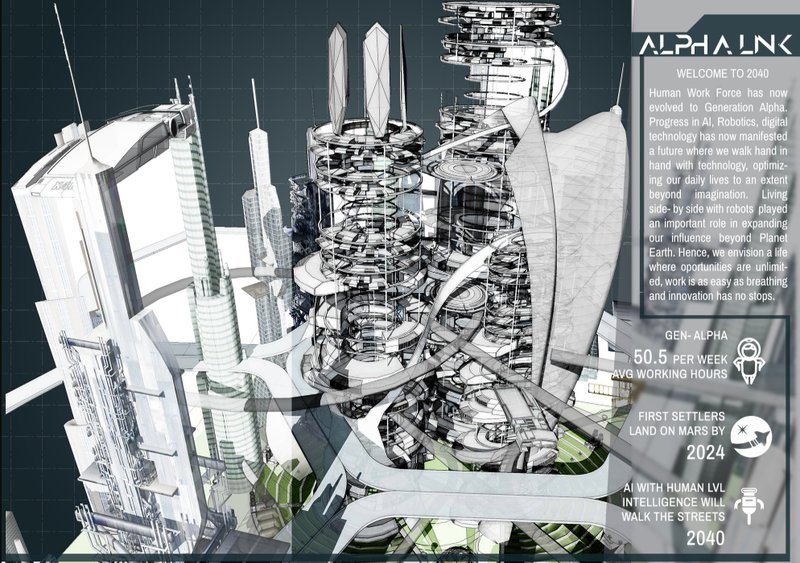 A futuristic skyscraper vision where AI and robotics redefine human life and work.
