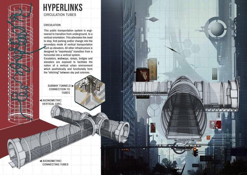 Vertical and horizontal circulation tubes connecting future cities seamlessly.