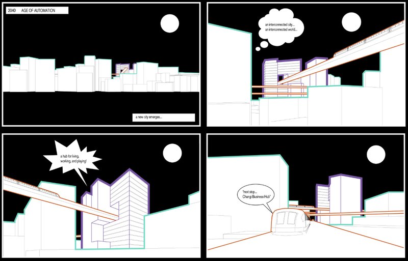 A futuristic skyline introduces an interconnected hub for living, working, and playing.
