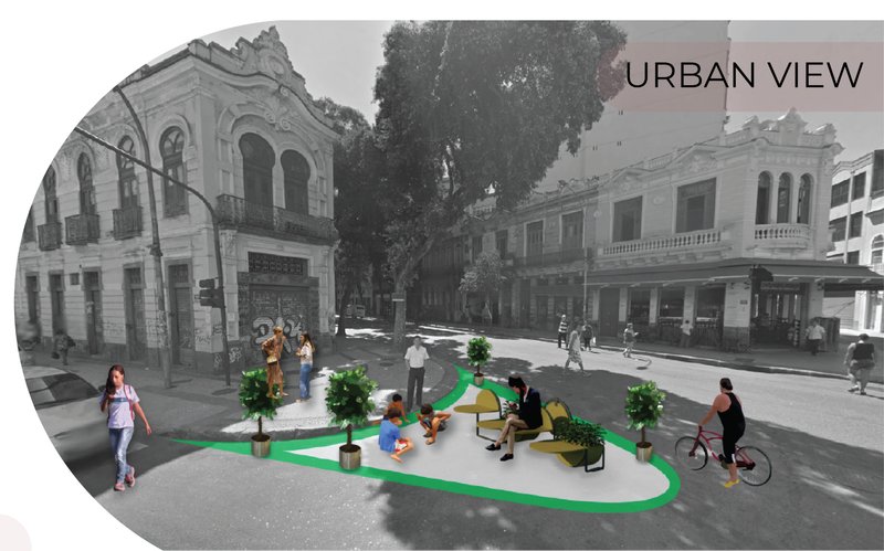 Modular furniture turns neglected corners into lively social and green spaces for people and cyclists.