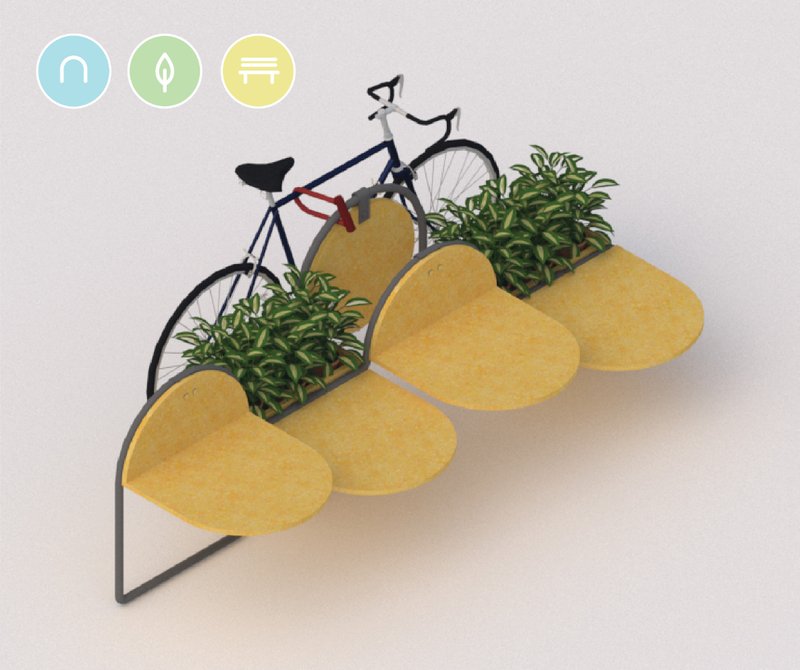 Multifunctional unit combining seating, greenery, and bicycle storage.