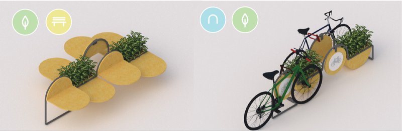 Scalable modules allow multiple setups for planting, seating, and secure bike parking.