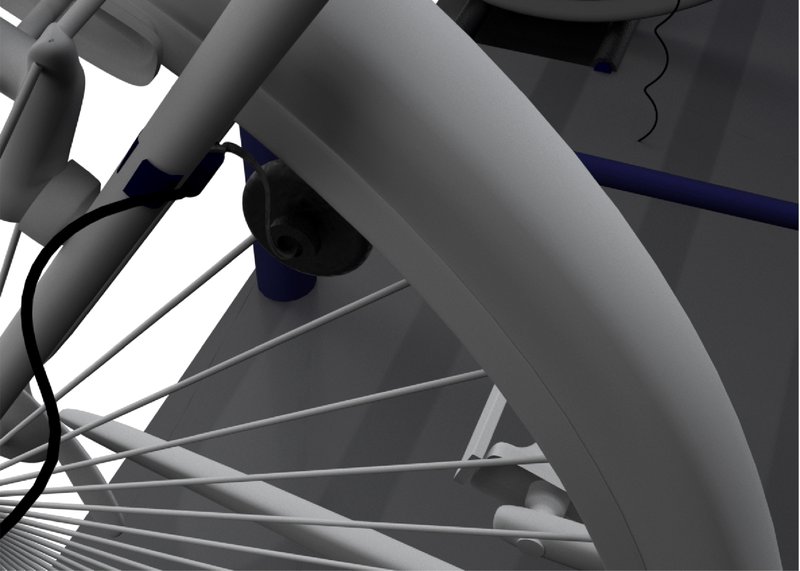 Dynamo attached to the wheel rim transfers generated energy into the battery system.