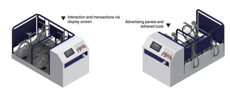 Modular docking units with interactive screens and integrated tools for cyclists.