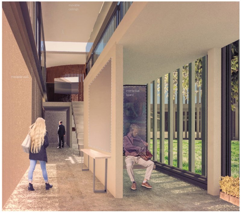 Movable walls and interactive boards fostering collaboration in flexible work environments.