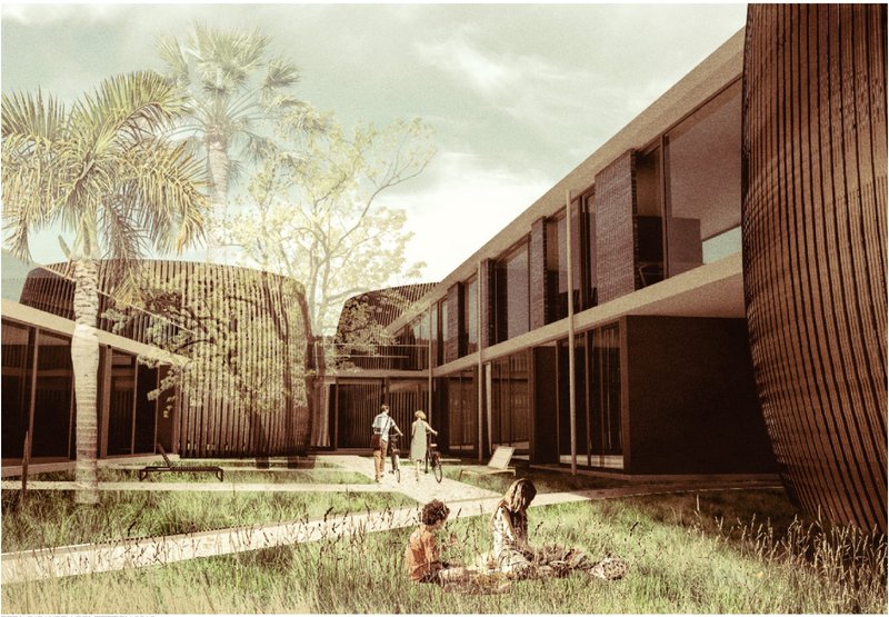 Architecture blending nature and social interaction for sustainable community living.