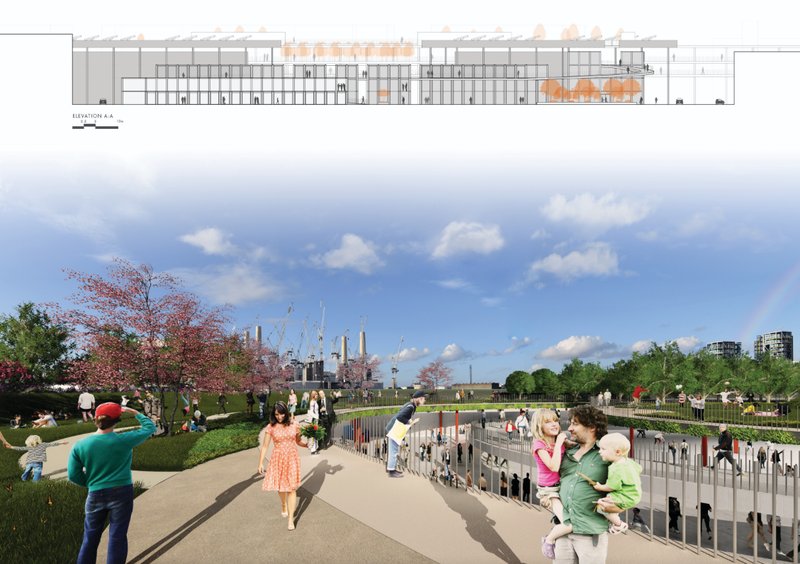 Outdoor promenade with landscaped green terraces connecting city and nature.
