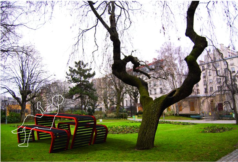 Social furniture creating shared spaces in green parks.