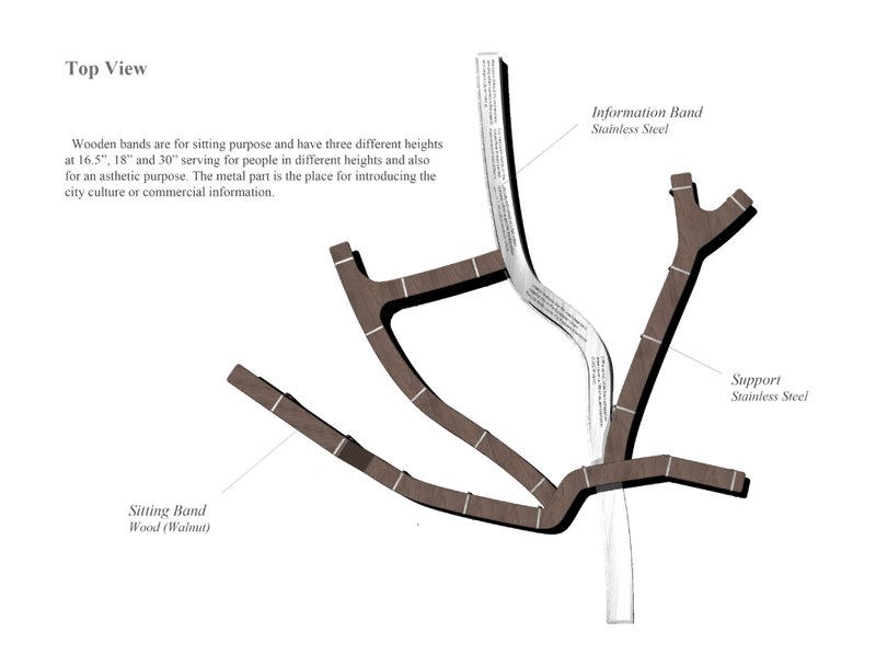 Top view drawing of a branching seating structure with wooden bands and stainless steel supports