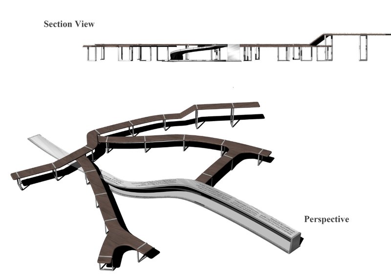 Section and perspective drawings showing the curving bench assembly with vertical steel supports