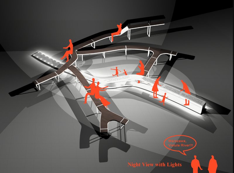 Night rendering of the illuminated seating installation with red silhouettes of people gathering around