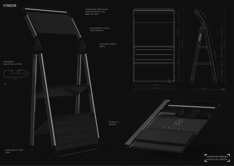 Detailed technical drawings showcase Vendor’s sustainable materials, sliding panels, and customizable structure for flexible use.