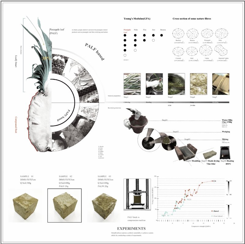 Material research diagram showing pineapple leaf fiber properties, cross sections, and experimental compression tests