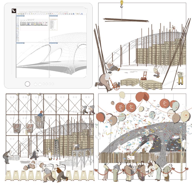 Illustrated sectional drawings showing a woven timber pavilion structure occupied by cartoon animal figures