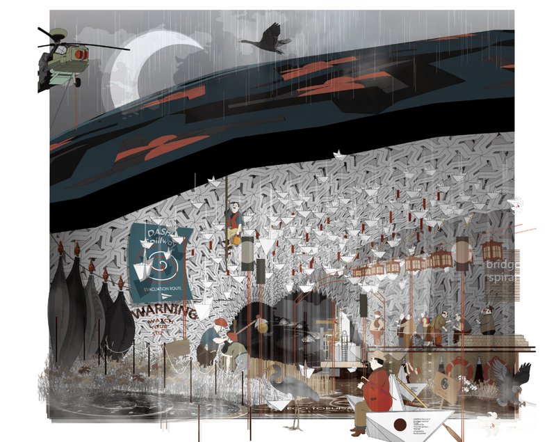Layered collage showing a textured facade with warning signage, helicopter, and birds flying through falling rain