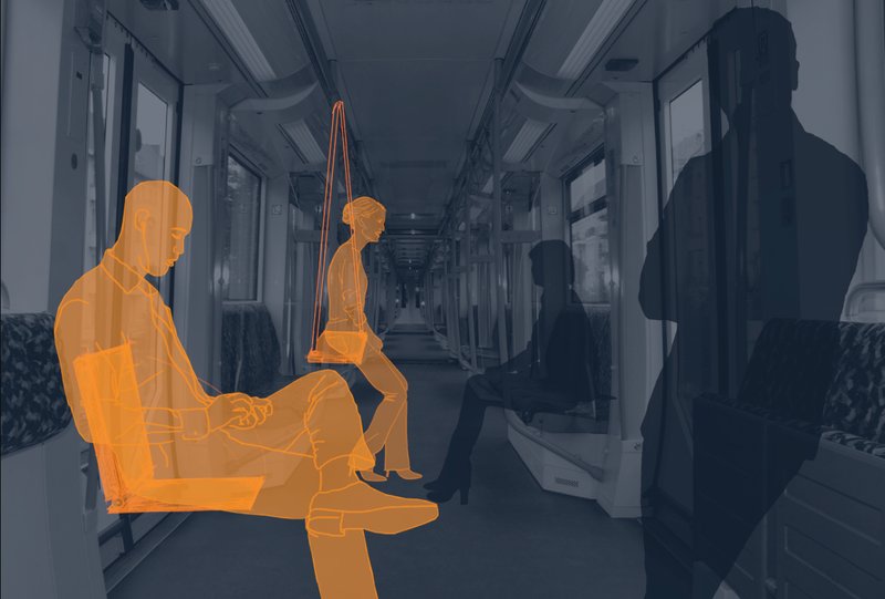 Visualizing swing and clip-on seats inside a train for personal comfort.