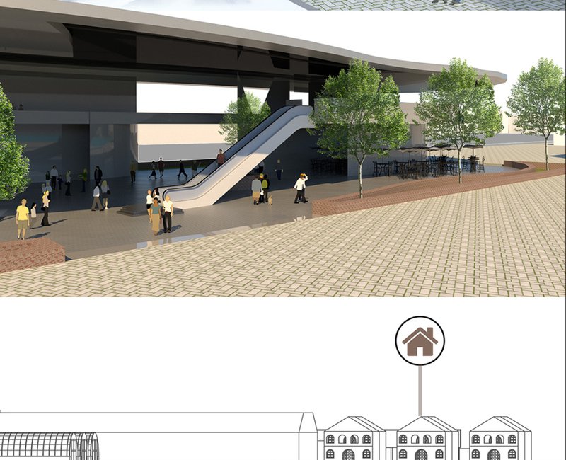Covered public areas with escalators and seating zones, designed for accessibility and social interaction.