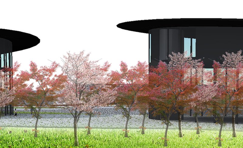 A harmonious blend of modern architecture and vibrant autumn colors creating a cultural landmark.