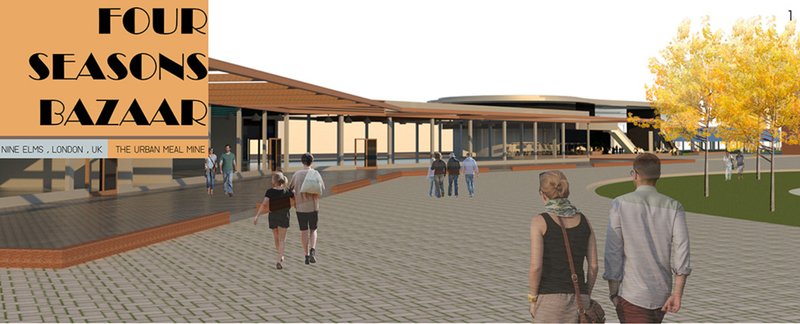 Perspective of the Four Seasons Bazaar, welcoming visitors with open plazas and seasonal landscaping.