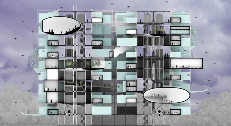 Interior section revealing modular living, workspaces, and integrated green zones.