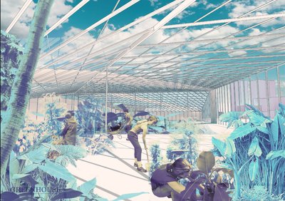 The image depicts the interior of a modern greenhouse with a steel and glass roof structure. The spa