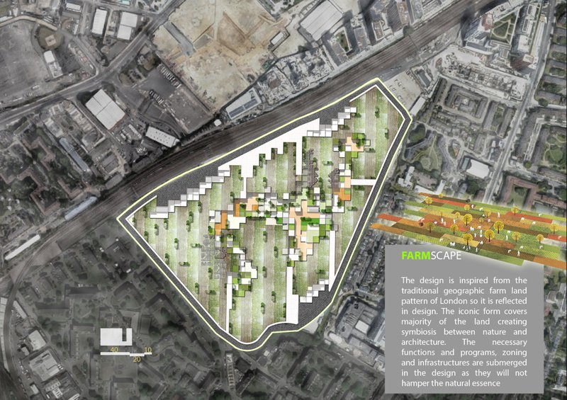 Aerial layout showing Farmscape’s integration of farmland patterns with urban design.